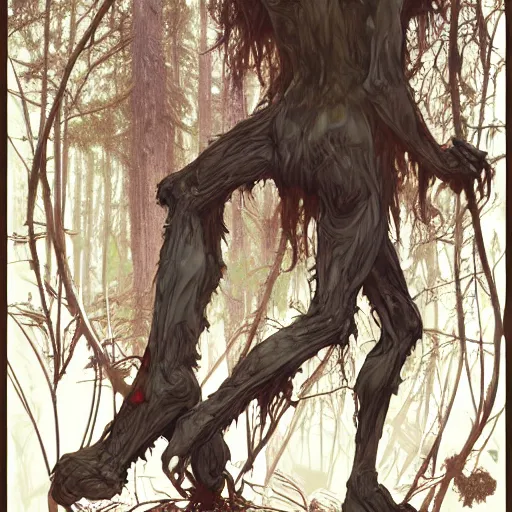 Prompt: zombie bigfoot standing in the woods, intricate, art by artgerm and greg rutkowski and alphonse mucha and william - adolphe bouguereau, high detailed, 4 k,