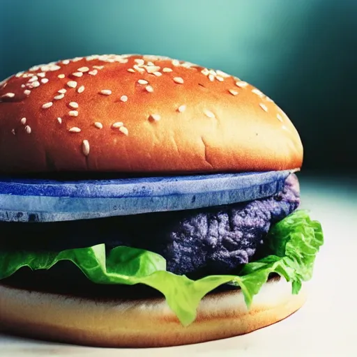 Prompt: photo of hamburger made of blue meat, food photography, cinestill, 800t, 35mm, full-HD