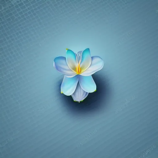 Image similar to isometric perspective icon of a cattleya orchid in monochromatic light blue reflective metallic iridescent material, 3 d render on dark background