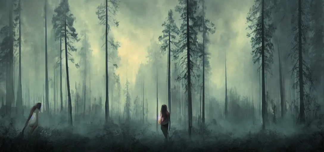 Prompt: Young woman looking at a forest fire, deep burning forest, smoke on the ground, Bleak. horror, scary Dark mood. Mysterious. Doom. Realistic painting. photobashing, matte painting, highly detailed, uhd, 8k,