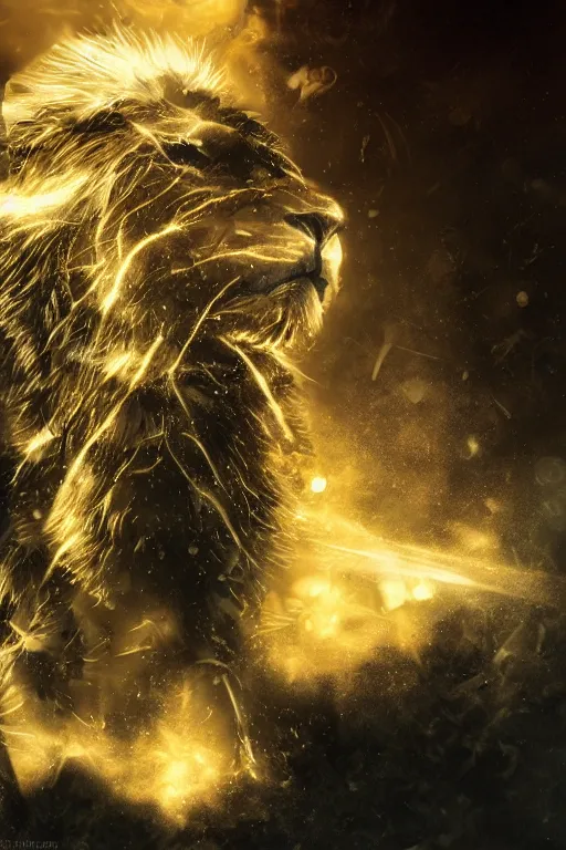 Prompt: Furious lion roars against golden sparks, black smoke, Anime, cyberpunk, gothic, dark fantasy, art, 4k,