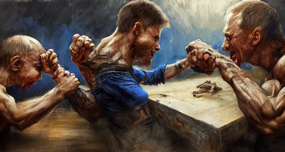 Image similar to arm wrestling ( vladimir putin ) vs ( ( ( litle boy ) ) ), hyperrealistic, digital concept art, caricature illustration, violent. horror. art by gaston bussiere and greg rutkowski in yelow and blue color