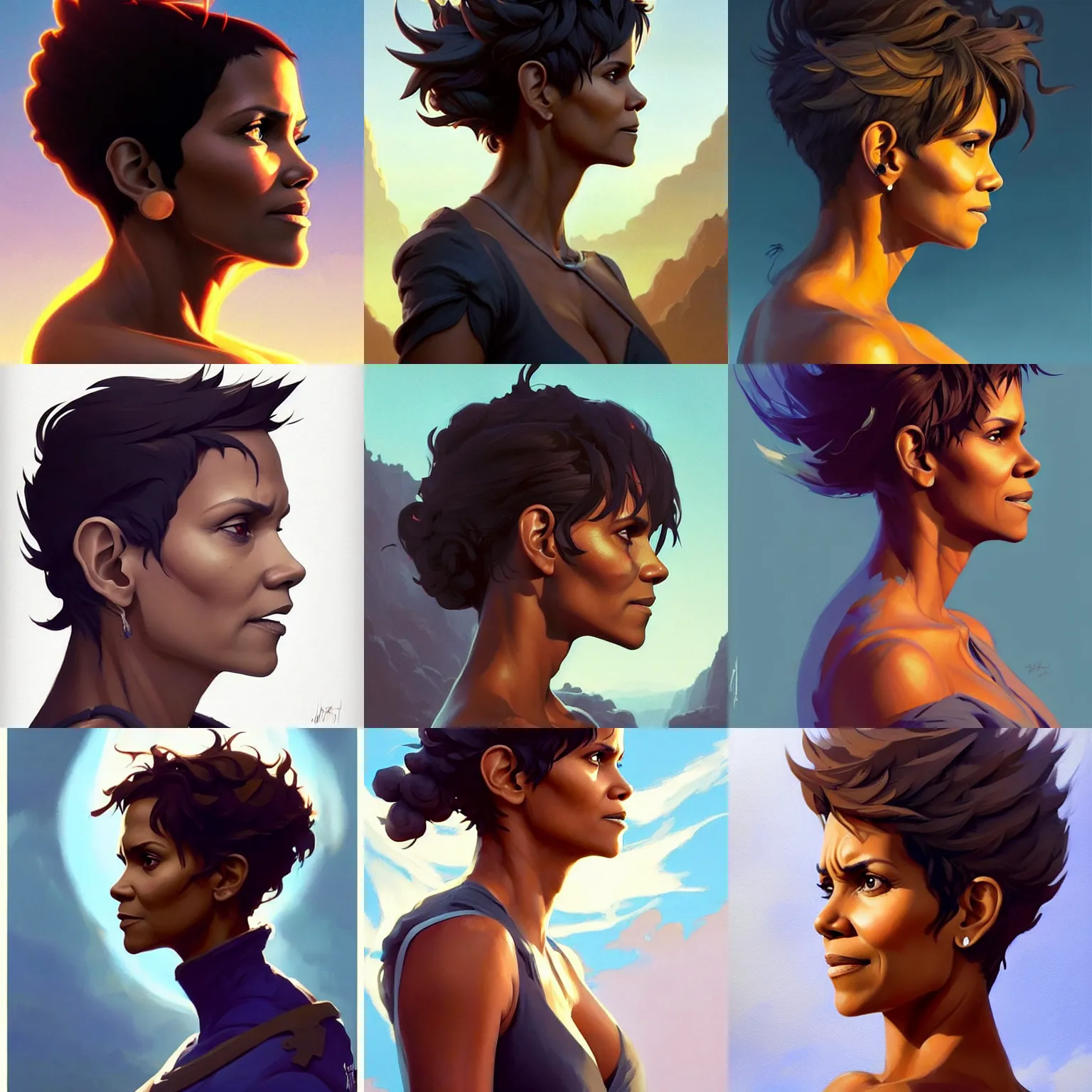 Prompt: side profile centered painted portrait, Halle Berry as a wind sorcerer, D&D, cell-shaded, matte painting concept art, bright backlit, official fanart, 4k, Pinterest, by Jesper Ejsing and RHADS and Makoto Shinkai and Louis can baarle and ilya kuvshinov and rossdraws and Cushart Krentz and Gilleard James and Alphonse Mucha - H 704