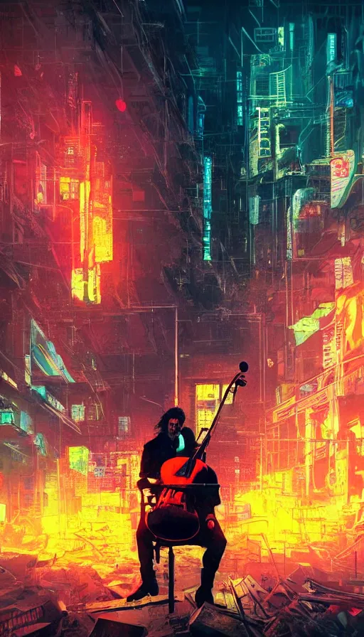 Prompt: a cellist playing in the rubble of a fallen cyberpunk city looming above him, neon color scheme, beautifully lit, concept art, sharp focus, a digital illustration by sam spratt and salvidor dali
