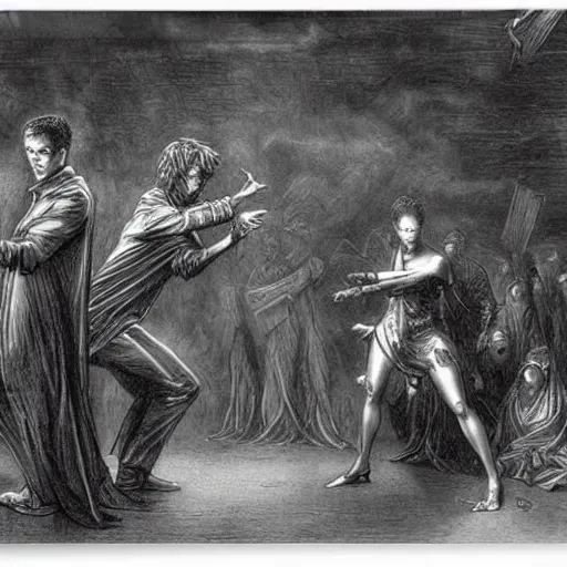 Prompt: A scene from the Matrix as drawn by Gustave Doré with Neo fighting a thousand agents Smith