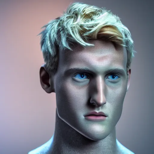 Prompt: a realistic detailed photo of a guy who is an attractive humanoid who is half robot and half humanoid, who is a male android, youtuber jake paul and logan paul, shiny skin, posing like a statue, blank stare, at the museum, on display