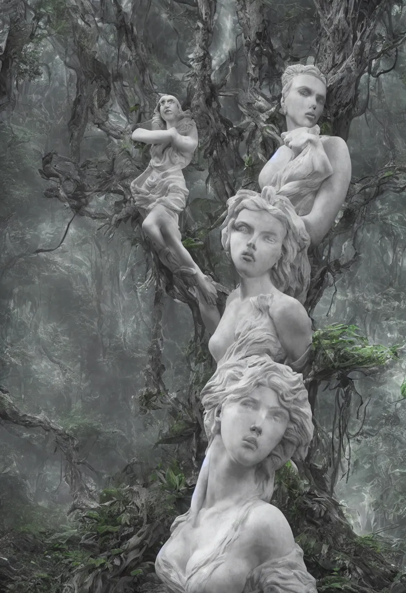 Image similar to scarlett johansson female marble statue in the middle of a dark forest, confident pose, coherent, insane detail, concept art, character concept, cinematic lighting, global illumination radiating a glowing aura