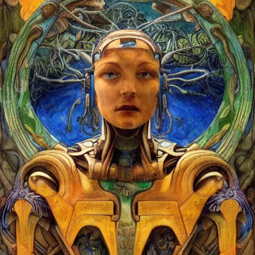 Prompt: robot seizes the forest crown, by Annie Swynnerton and Diego Rivera and Elihu Vedder, symbolist, dramatic lighting, elaborate geometric ornament, tattoos, Art Brut, soft cool colors,smooth, sharp focus, extremely detailed