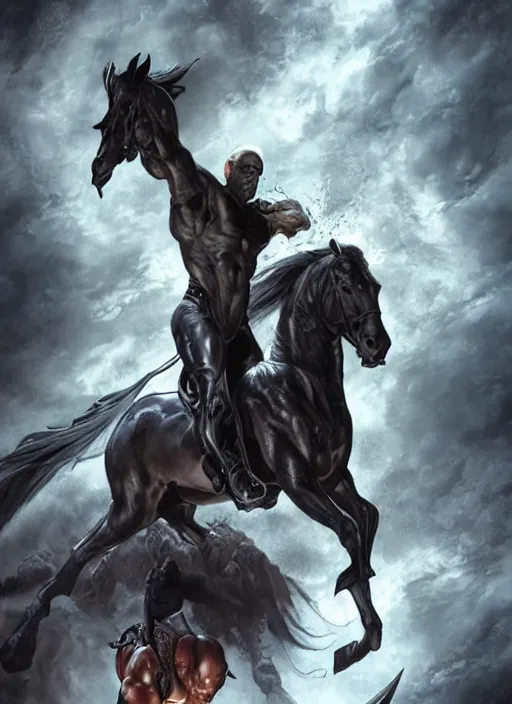 Image similar to ethan van sciver with a bald head and grey trimmed beard with a pointy nose as the first horseman of the apocalypse riding a strong big black stallion, horse is running, the rider is carrying the scales of justice, beautiful artwork by artgerm and rutkowski, breathtaking, beautifully lit, dramatic, full view