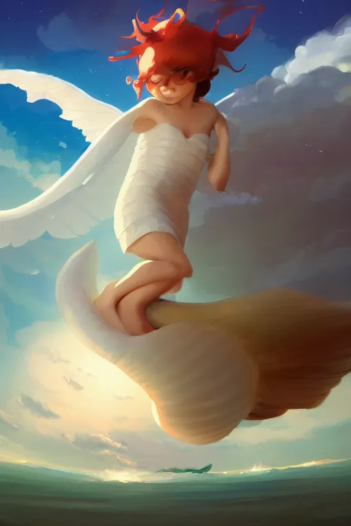 Image similar to a very cute sea slug angel, by rhads, makoto shinkai and lois van baarle, johannes voss, low angle fisheye view, sky whith plump white clouds, elegant, highly detailed, artstation, 8 k, unreal engine, hdr, concept art, volumetric lighting matte