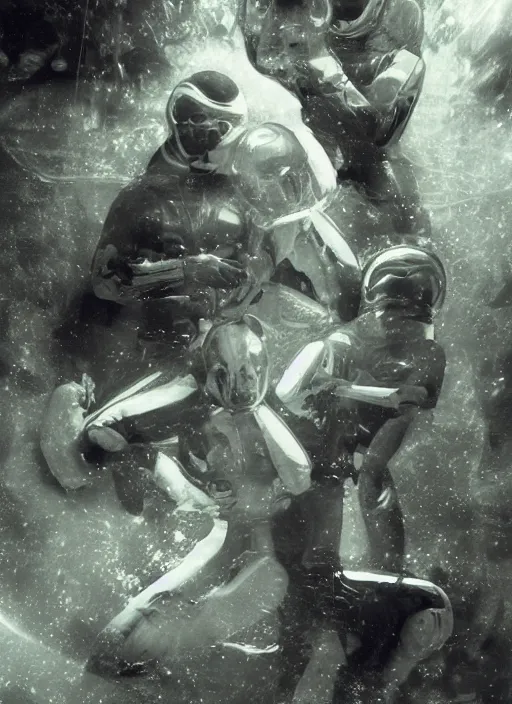 Prompt: astronauts in dark and empty void underwater - complex composition. reflection and dispersion materials. rays and dispersion of light. volumetric light. 5 0 mm, f / 3 2. noise film photo. flash photography. ultra realistic, wide angle. poster by wayne barlowe, hajime sorayama aaron horkey, craig mullins. dark key.