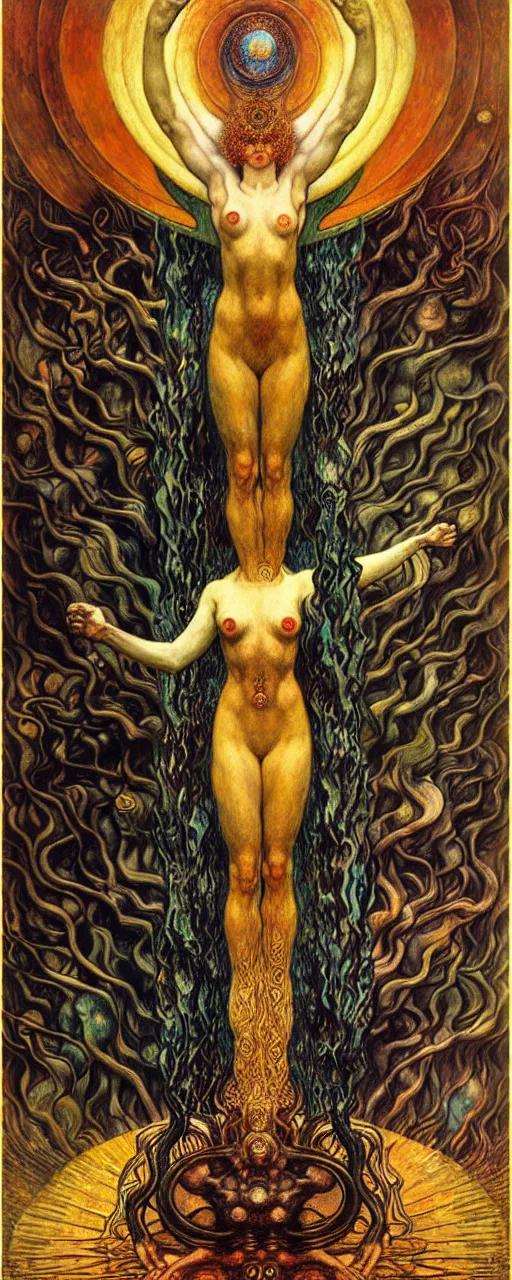 Image similar to Divine Chaos Engine by Karol Bak, Jean Delville, William Blake, Gustav Klimt, and Vincent Van Gogh, symbolist, visionary