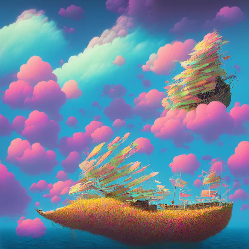 Image similar to sea cloud, summer morning, very coherent and colorful high contrast, art by! gediminas pranckevicius! geof darrow, pastel color, volumetric lighting, cinematic, floralpunk screen printing woodblock, dark shadows, hard lighting, stippling art