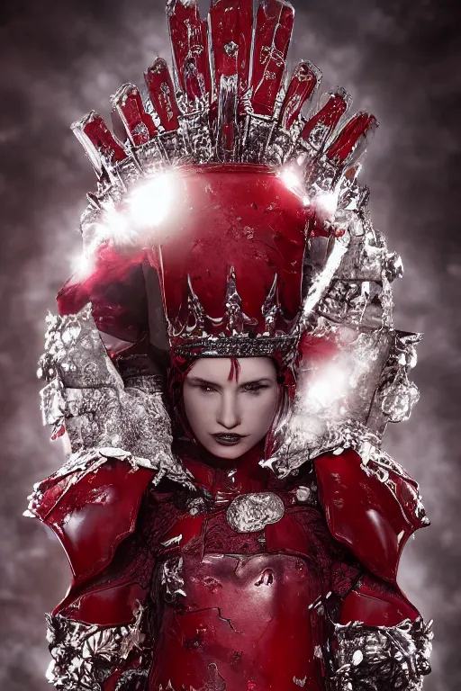 Prompt: the blood crown queen wears the scarlet armor on the bleeding throne, cinematic lighting, various refining methods, micro macro autofocus, ultra definition, award winning photo