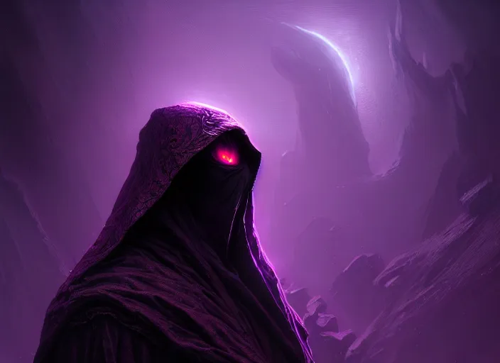 Prompt: a dark hooded figure, glowing purple eyes, floating beautifully, fantasy, dramatic, intricate, elegant, highly detailed, digital painting, artstation, concept art, smooth, sharp focus, illustration, art by Gustave Dore, octane render