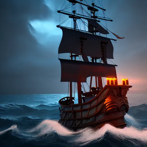 Image similar to pirate ship on a magical stormy sea, 8k, HDR, cinematic, volumetric lighting, unreal engine 5