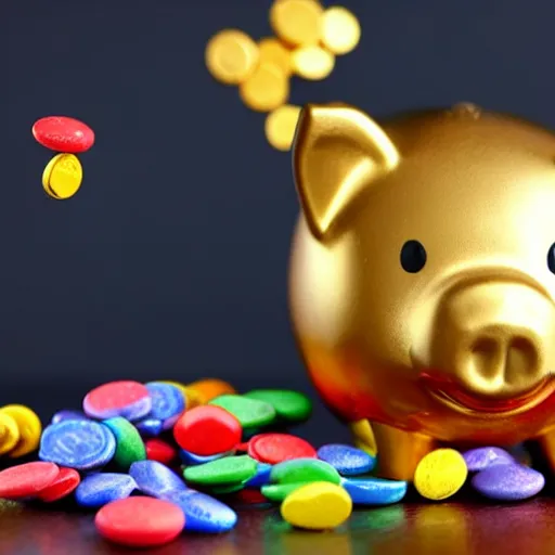 Image similar to piggy bank bursting open with a money explosion, gold bars and coins bursting in every direction, piggy bank sitting on a table, skittles falling off the table, unicorn flying in the background