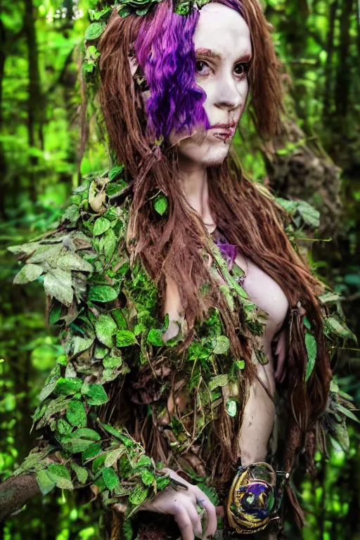 Image similar to fantasy mystical forestfolk cyberpunk dryad fashion zine photography