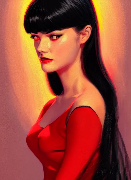 Prompt: portrait of veronica lodge with bangs, 1 9 6 0 s, long hair, red clothes, bangs, intricate, elegant, glowing lights, highly detailed, digital painting, artstation, concept art, smooth, sharp focus, illustration, art by wlop, mars ravelo and greg rutkowski