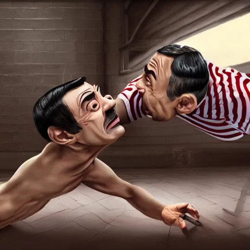 Image similar to A wrestling match between Mr. Bean and Peewee Herman, hyperrealistic, realistic, highly detailed, very detailed, extremely detailed, HD Quality, 8k resolution, digital art, oil painting, trending on artstation, epic, jagged edges and thick black outlines