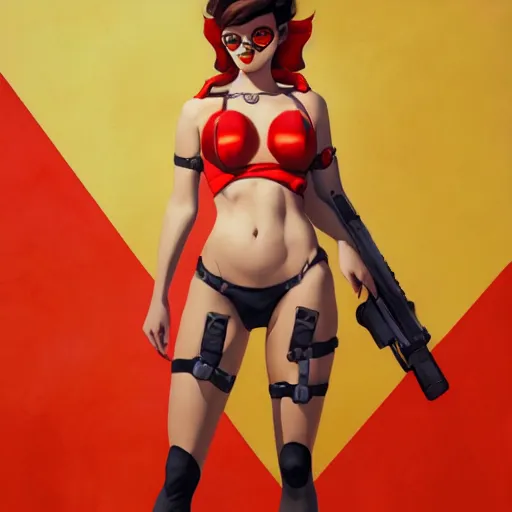Image similar to pinup overwatch tracer in a red bikini, artwork by sergey kolesov, medium shot, asymmetrical, organic painting, sunny day, matte painting, bold shapes, hard edges, street art, trending on artstation, by huang guangjian and gil elvgren and sachin teng
