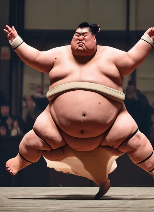 Image similar to A Sumo wrestler jumps 10 feet into the air in the dojo and is going to crash, dynamic lighting