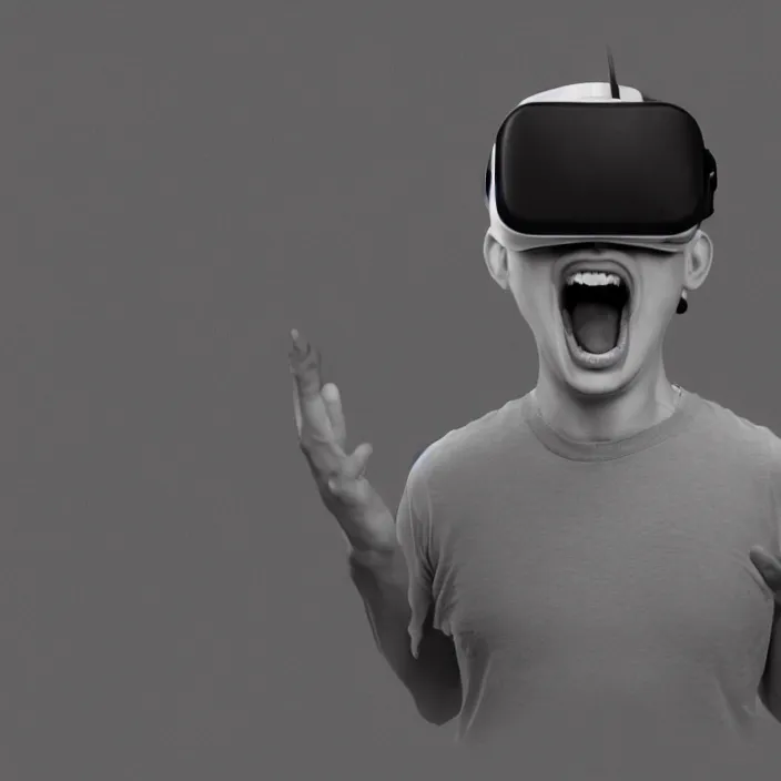 Image similar to Portrait of a non-existent person screaming to be let out of virtual reality, generated by an AI trained only on portrait images created by other AI systems