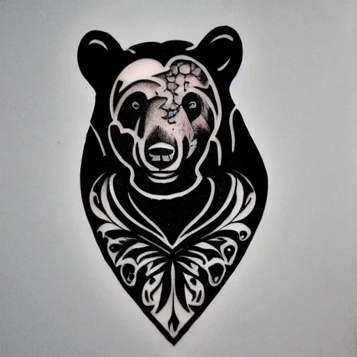 Image similar to concept tattoo design, stencil, bear, wreath surrounding bear