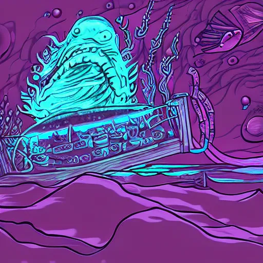 Image similar to bioluminescent deep sea monster lurking deep undersea, synthwave digital art