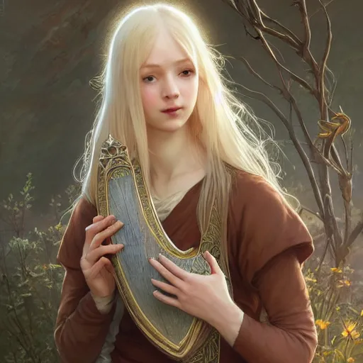 Image similar to elf fairy blond with a beautiful face, holding a lute, wearing a cardigan, highly detailed, intricate, digital painting, artstation, sharp focus, illustration, art by jakub rozalski, greg rutkowski, artgerm, tan zi and ayanamikodon and alphonse mucha and wlop