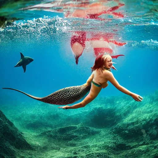 Prompt: a mermaid, which is a woman on top and a fish on bottom, swimming underwater with dolphins, photograph, nikon
