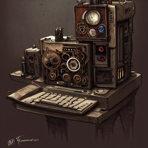 Prompt: a steampunk style gaming pc,digital art,detailed,art by greg rutkowski,technology,trevor henderson,highly detailed,hyperdetailed,photorealistic,real life,western comic style,deviantart,artstation