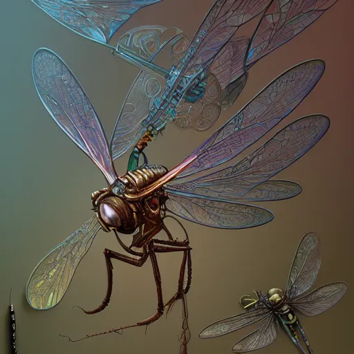 Image similar to hyperreal ultra detailed intricate mechanical clockwork dragonfly by peter mohrbacher and dan mumford, cgsociety, volumetric light