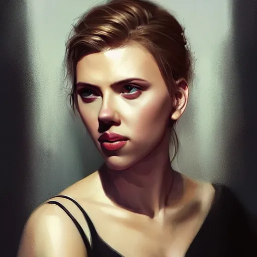 Image similar to “ portrait of scarlett johansson by greg rutkowski, young, attractive, highly detailed portrait, scifi, digital painting, artstation, concept art, smooth, sharp foccus ilustration, artstation hq ”