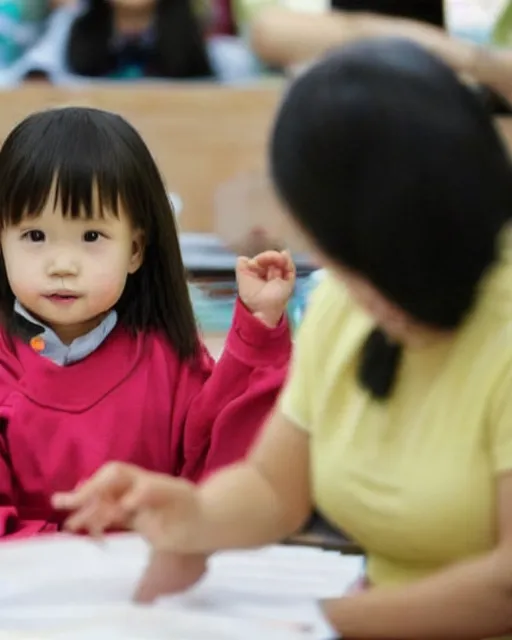 Prompt: a cute four year old Chinese girl, teaches an advanced mathematics class at Harvard University