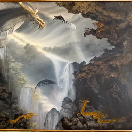 Image similar to oil painting of a dragon flying in the air near a cave with a waterfall in the center, light emanating from the waterfall leading to a big pool of water, dragon has black and white siberian tiger stripes, elegant, sharp focus, wide shot, clear, detailed, early renaissance