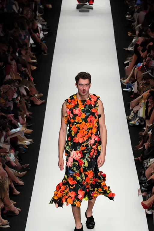 Prompt: man with a flower dress on a catwalk