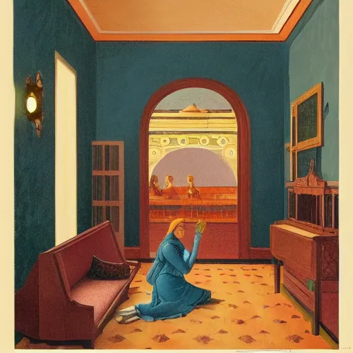 Image similar to a goddess in a liminal room, film still by wes anderson, depicted by leon battista alberti, limited color palette, very intricate, art nouveau, highly detailed, lights by hopper, soft pastel colors, minimalist