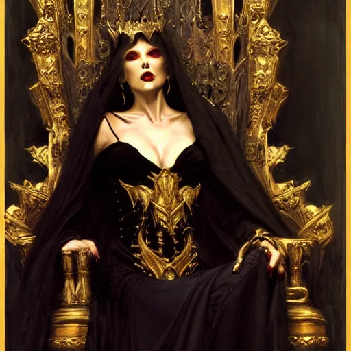 Prompt: portrait of attractive vampire queen in gold gothic robe sitting on a throne of black bones, painting by gaston bussiere, craig mullins, j. c. leyendecker, 8 k, mid shot