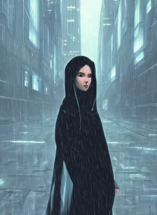 Prompt: a realistic portrait of a beautiful woman wearing a futuristic transparent raincoat with hoodie in a dystopian city, raining, by ilya kuvshinov