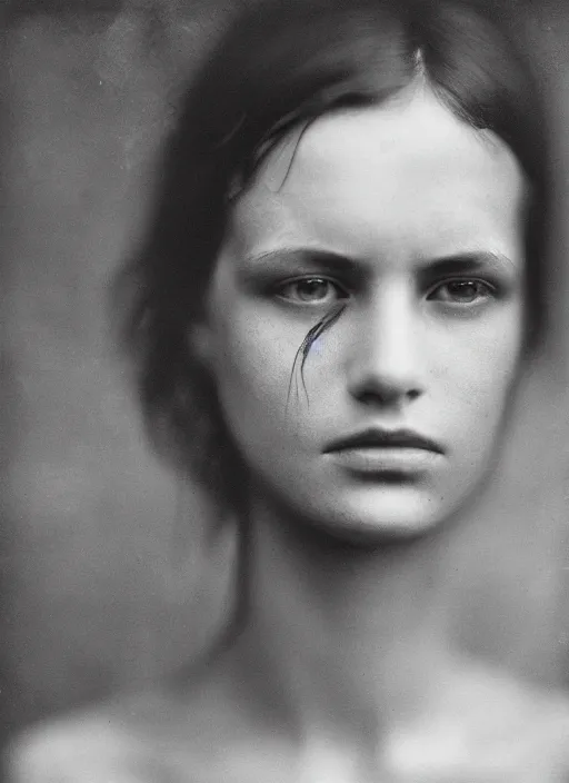 Image similar to high resolution close up portrait of a young women, photo realistic, elegant, award winning photograph, parallax, cinematic lighting, ambrotype wet plate collodion by martin shuller, richard avedon dorothe lange and and shane balkowitsch