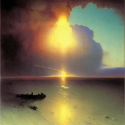 Prompt: beautiful young woman looking at giant nuclear explosion, artwork by Aivazovsky, Ivan