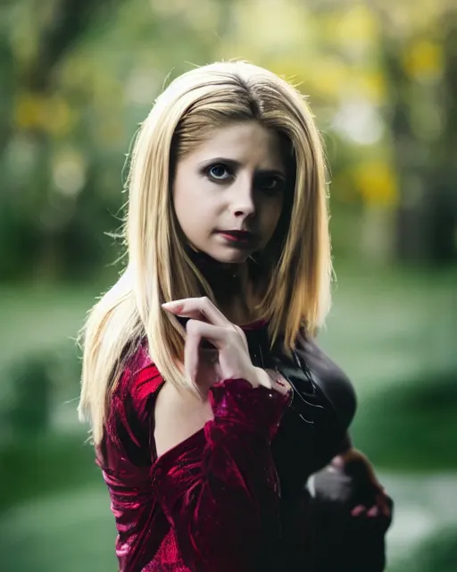 Image similar to A studio portrait of Buffy Summers as a vampire; bokeh, 90mm, f/1.4