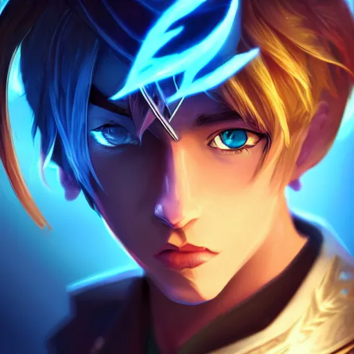 Image similar to league of legends character style of teenager boy, blonde hair, blue eyes, shows magic, close up, cinematic light, dark room, detailed, photo, 8K