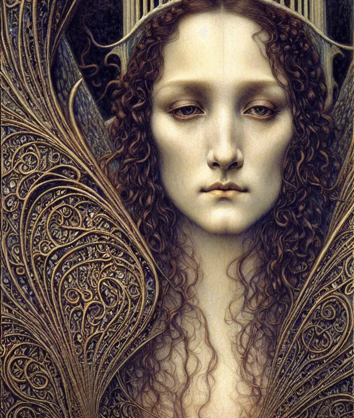 Image similar to detailed realistic beautiful young medieval queen face portrait by jean delville, gustave dore and marco mazzoni, art nouveau, symbolist, visionary, gothic, pre - raphaelite. horizontal symmetry