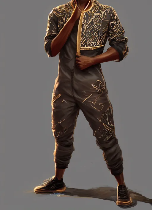 Image similar to a highly detailed illustration of attractive young african guy with flat top, wearing track and field suit, dramatic standing pose, intricate, elegant, highly detailed, centered, digital painting, artstation, concept art, smooth, sharp focus, league of legends concept art, wlop