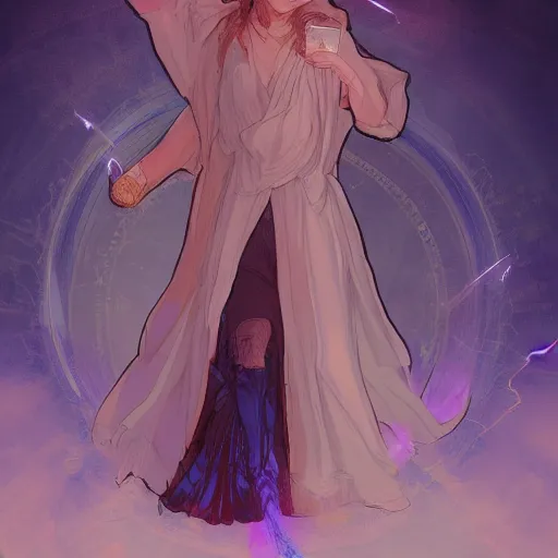 Image similar to portrait of a female sorcerer using magic, blueish aura by her side, dynamic pose, chromatic aberration, medium level shot, grim fantasy, illustration, mucha style, concept art,