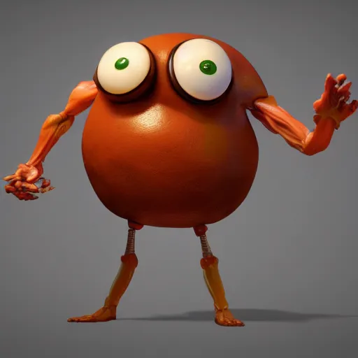 Image similar to a humanoid hamburger character with giant eyeballs and french fry arms legs, concept art painting character design, featured on artstation unreal engine 5, 3 point lighting