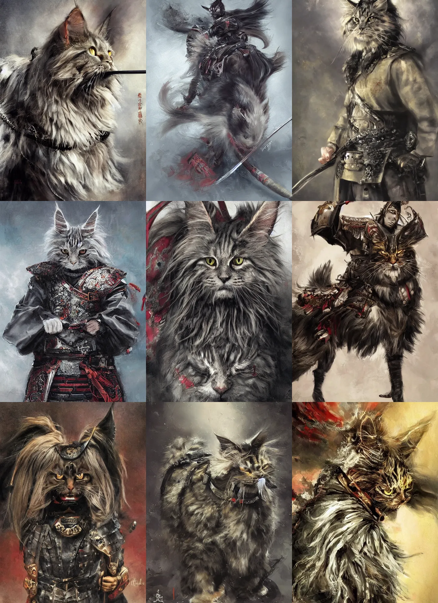 Prompt: Serious looking MaineCoon cat, dressed in Samurai armour, clothed in old samurai uniform,japanese warrior, painting by Raymond Swanland