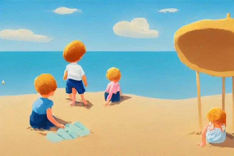 Image similar to Two children sitting on the beach making sandcastles, blue sky, muted colors, artstation, children's book, HD, by Benji Davies